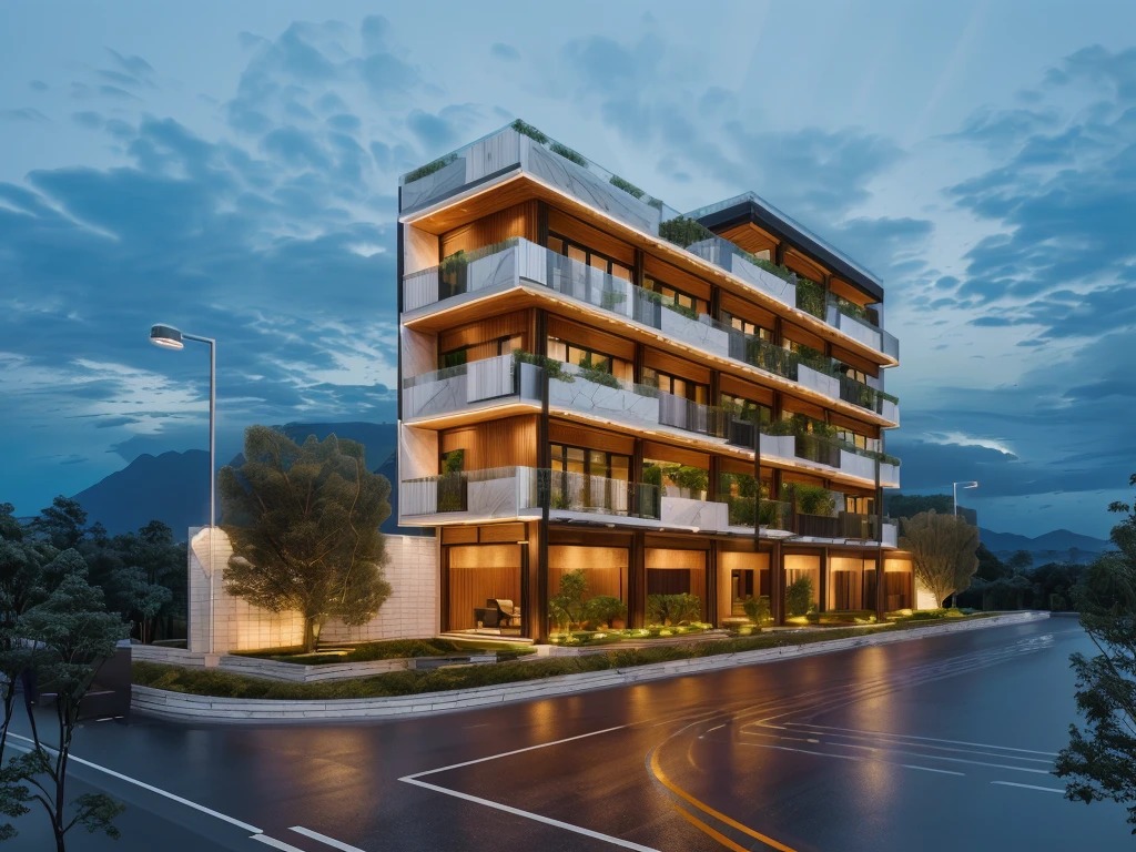 3D render of a beautiful house, Dark, gray tones, white wall. lumion render, night time render, insanely detailed rendering, realistic architecture, architectural visualization. The house is adorned with elegant lighting and plants to enhance its exterior appearance in a Vietnam city street. The staircase leading into the house is tiled with black marble and has bright LED lights. Behind are hills and mountains with clear blue sky. balcony with green plants. The main door is made of black aluminum and glass reaching up to the ceiling. Looking through the glass windows to look inside the house with luxurious interiors with luxurious and warm lights, interior lighting rendering and lighting effects. marble and wood and glass, dark and modern, luxcore render, taken with professional photography techniques, using a wide angle lens with bright natural light and high resolution details, in the style of professional photograph, hyper realistic, highly detailed.