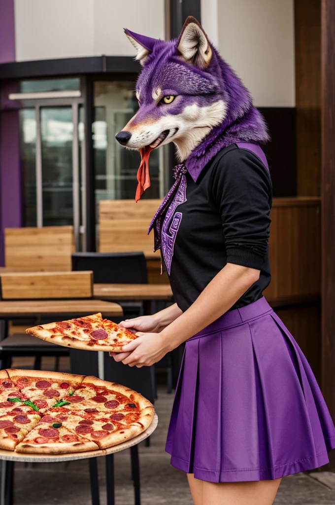 Purple wolf in skirt eating pizza