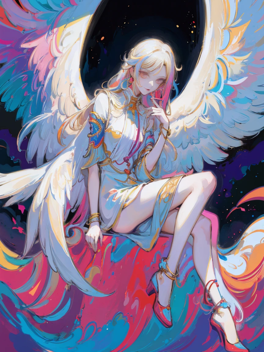 Разработано nty, woman, (angelic), Multi-colored clothes, complex parts, color background, abstract
