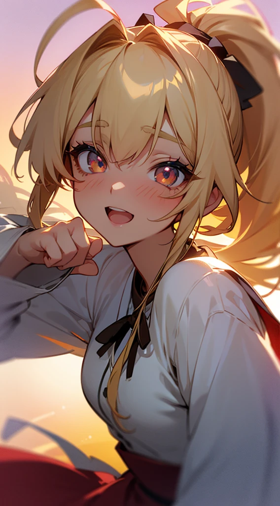 Tabletop、Highest quality、High resolution、Pixel perfect、Depth of written boundary、4K、One Girl、solo、Beautiful 17 year old anime girl、Blonde ponytail、Ahoge、Big round red eyes:1.4、Beautiful eyes drawn in detail、Perfect Eyes、Curled eyelashes、Realistic eyes、Detailed face、Blushing:1.2、Anime CG Style、smile、Open your mouth、Under the sunset sky
