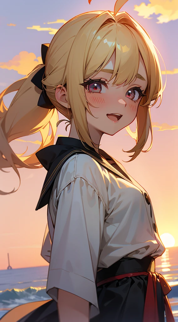 Tabletop、Highest quality、High resolution、Pixel perfect、Depth of written boundary、4K、One Girl、solo、Beautiful 17 year old anime girl、Blonde ponytail、Ahoge、Big round red eyes:1.4、Beautiful eyes drawn in detail、Perfect Eyes、Curled eyelashes、Realistic eyes、Detailed face、Blushing:1.2、Anime CG Style、smile、Open your mouth、Under the sunset sky