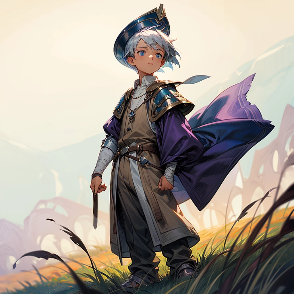 1little boy, Full body version, 1character, blue eyes color, sad eyes, eyeliner, tan skin, classic fade haircut, almond eyes type, brown colour hair, medieval clothing style, breton hat, eyes mask, vest armor, purple color clothing, silver necklaces, bandage on hand, Grassroots background in field town, motion blur 