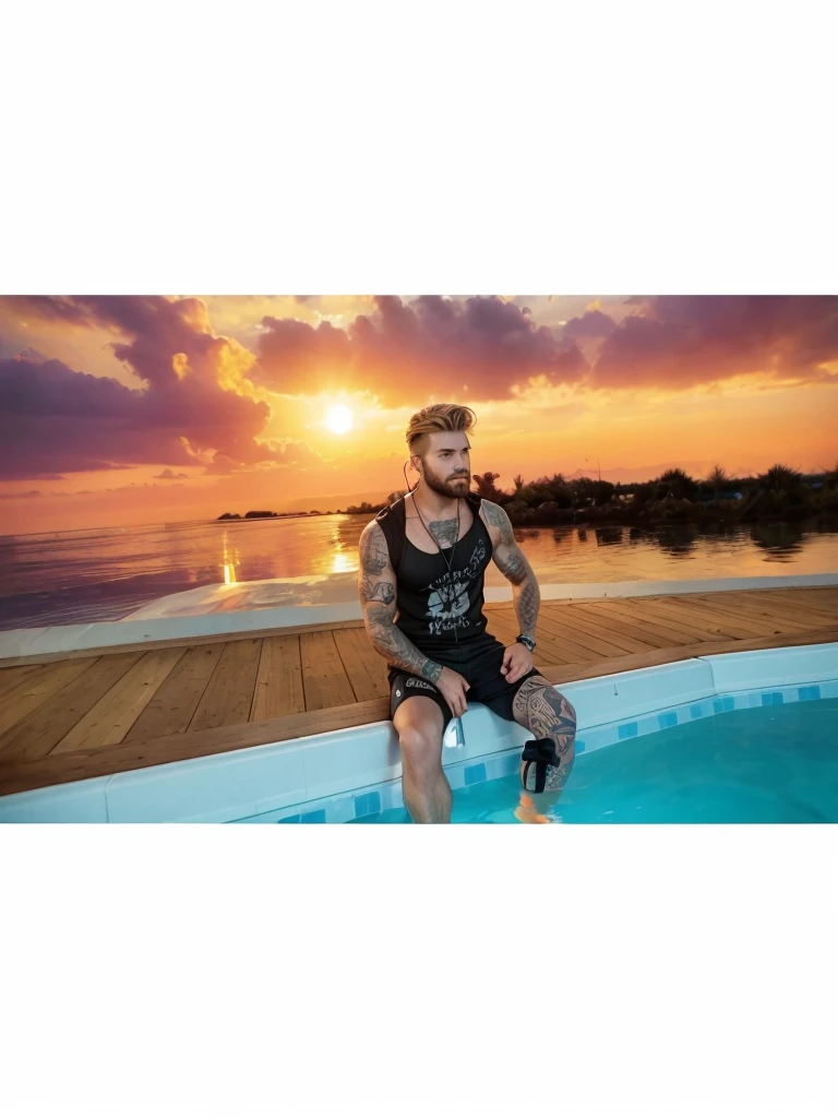 A strong man with short blond hair, with a well-groomed beard, sitting in a pool, with headphones around the neck, with black t-shirt, with black shorts and tattoos on the body