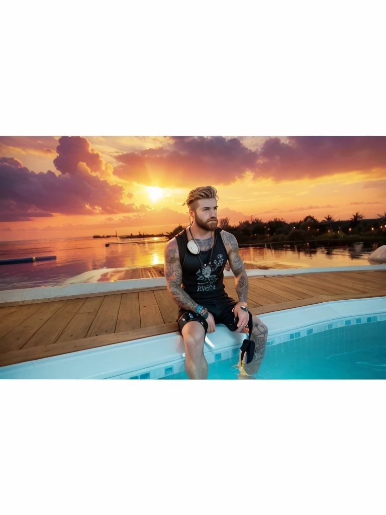 A strong man with short blond hair, with a well-groomed beard, sitting in a pool, with headphones around the neck, with black t-shirt, with black shorts and tattoos on the body
