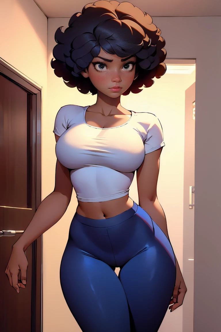 afro american girl, dark skin, behind view, afro haircut, 1 girl, solo, (leggins) (tshirt, cleavage), sleveless, medium perky , wide hips
