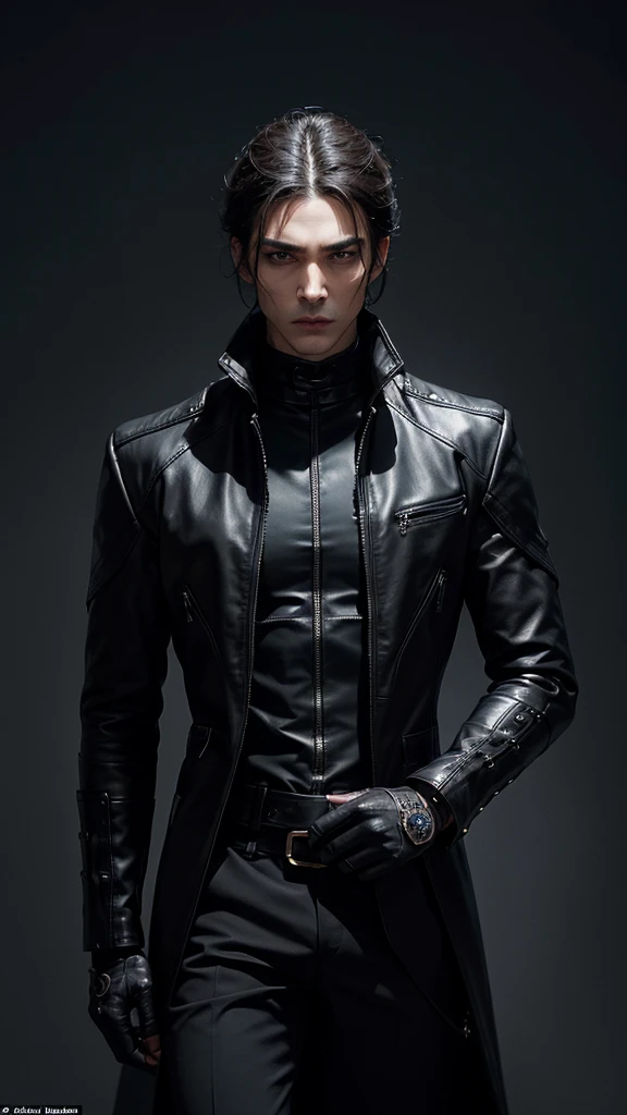 Create a character inspired by the image. This character is a dark, enigmatic figure, embodying a blend of elegance and danger. Dressed in a sleek, black, leather outfit adorned with intricate golden buckles and accessories, he exudes a commanding presence. His expression is cold and detached, with sharp, striking features and dark hair falling messily over his face. He holds a slender whip in his gloved hand, hinting at a dominant and possibly sinister nature. The background should be shadowy and minimalistic, emphasizing the character's aura of mystery and control.