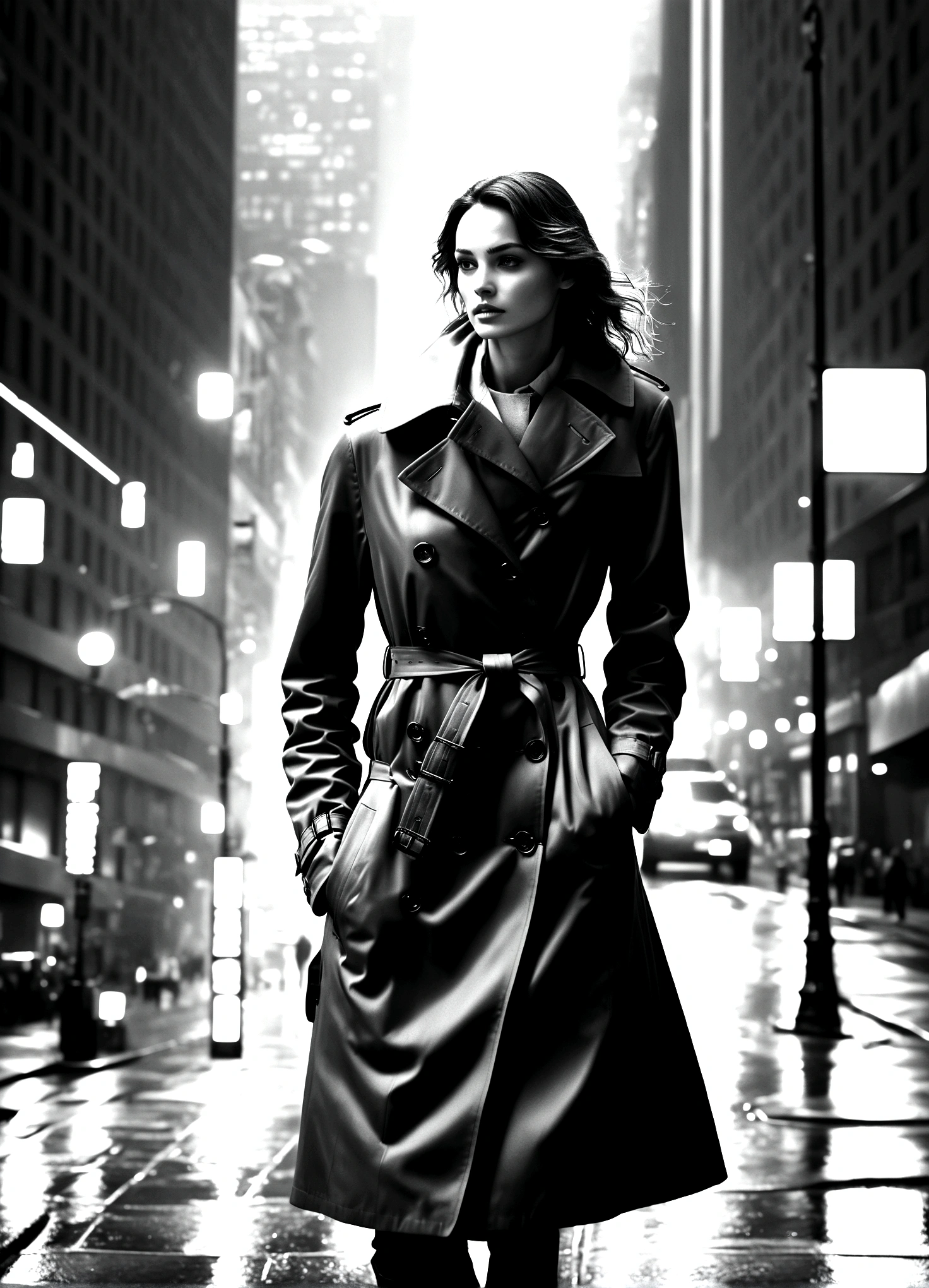 Black and white photography,In a monochrome world. The background is New York City's Manhattan, a nighttime street scene. Light spills from the windows of high-rise buildings and neon signs illuminate the streets, reflecting off the wet pavement. A figure in a black trench coat stands under a streetlight, the coat's hem fluttering in the wind. The trench coat is from the renowned brand Burberry, made of a wool and cashmere blend. The scene is mysterious and dramatic, reminiscent of a noir film.,(masterpiece:1.3),(highest quality:1.4),(ultra detailed:1.5),High resolution,extremely detailed,unity 8k wallpaper