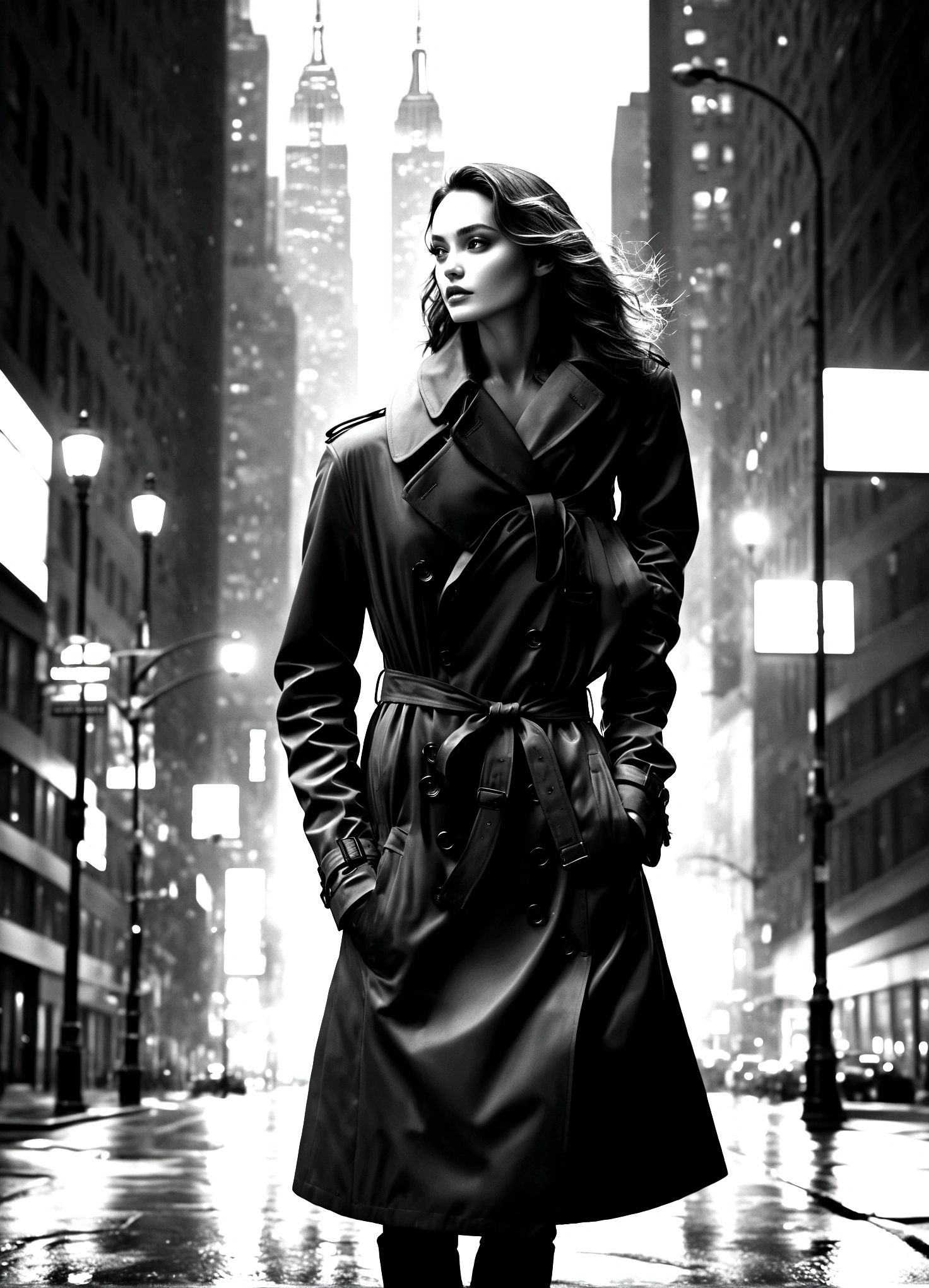 Black and white photography,In a monochrome world. The background is New York City's Manhattan, a nighttime street scene. Light spills from the windows of high-rise buildings and neon signs illuminate the streets, reflecting off the wet pavement. A figure in a black trench coat stands under a streetlight, the coat's hem fluttering in the wind. The trench coat is from the renowned brand Burberry, made of a wool and cashmere blend. The scene is mysterious and dramatic, reminiscent of a noir film.,(masterpiece:1.3),(highest quality:1.4),(ultra detailed:1.5),High resolution,extremely detailed,unity 8k wallpaper