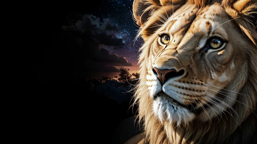 Lion, Divine Lion, naturals, naturals, ferocious, masculine, mighty, golden lion, Powerful Lion, beautiful nature, Great Realistic Lion, FullHD 8K, Light of sky, sunset night, Clear sky Sun, Black Golden, black andwhite, black and gold, detailed realistic face, 8K Detailed Realistic White Lion, Ultrarealistic 8k |Energia de thunder realista detalhada, Strong Creature realista detalhada, Strong Creature, Lion macho, Rendering, Fotorrealista 8K, UltraHD Alta definição 8K, Detailed Realistic 16K, Nitidez Fotorrealista 8K, 16K photorealistic textures, Contraste Fotorrealista 8K, Sombras Fotorrealistas 8K, Luzes Fotorrealistas 8K, Detailed realistic sunset, Detailed Realistic Lion Face, Detailed realistic light, detailed textures, thunder, detailed shadows, detailed colors, Celestial Electricity, Golden thunder, Lion realista, Ultra Realistic 16K, Realistic 16K, Realistic 16K sharpness, 16K photorealistic textures, 16K realistic colors, powerful creature, Majestic power, Power of Heaven, Great Divine, detailed contrast, realistic contrast, high resolution, detailed colors, fire, villany, divine creature, 8K, realistic detailed, 16K, 8K, High definition, detailed contrast, realistic contrast, high resolution, detailed colors, fire, villany, divine creature, realistic detailed, chic, posh