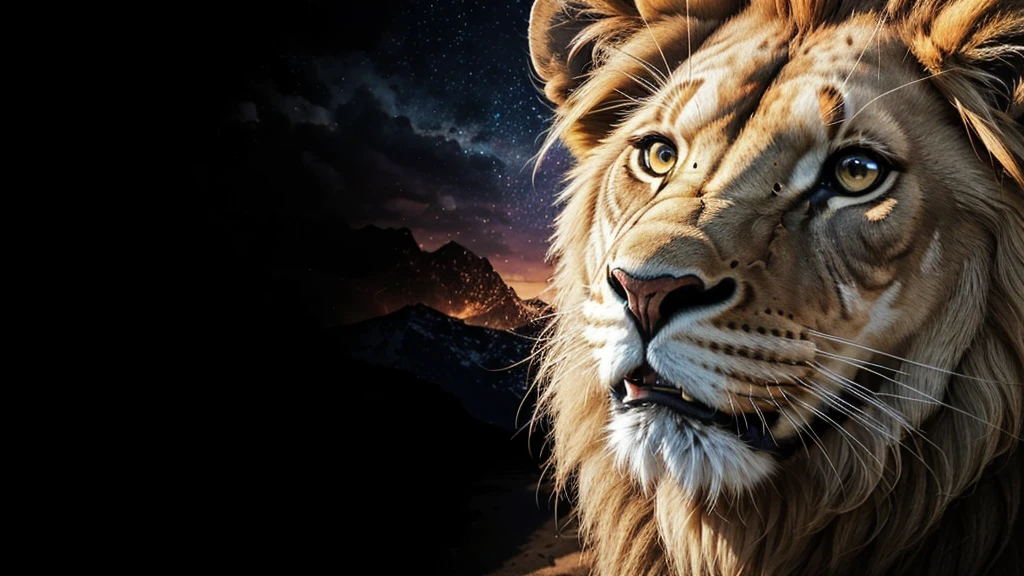 Lion, Divine Lion, naturals, naturals, ferocious, masculine, mighty, golden lion, Powerful Lion, beautiful nature, Great Realistic Lion, FullHD 8K, Light of sky, sunset night, Clear sky Sun, Black Golden, black andwhite, black and gold, detailed realistic face, 8K Detailed Realistic White Lion, Ultrarealistic 8k |Energia de thunder realista detalhada, Strong Creature realista detalhada, Strong Creature, Lion macho, Rendering, Fotorrealista 8K, UltraHD Alta definição 8K, Detailed Realistic 16K, Nitidez Fotorrealista 8K, 16K photorealistic textures, Contraste Fotorrealista 8K, Sombras Fotorrealistas 8K, Luzes Fotorrealistas 8K, Detailed realistic sunset, Detailed Realistic Lion Face, Detailed realistic light, detailed textures, thunder, detailed shadows, detailed colors, Celestial Electricity, Golden thunder, Lion realista, Ultra Realistic 16K, Realistic 16K, Realistic 16K sharpness, 16K photorealistic textures, 16K realistic colors, powerful creature, Majestic power, Power of Heaven, Great Divine, detailed contrast, realistic contrast, high resolution, detailed colors, fire, villany, divine creature, 8K, realistic detailed, 16K, 8K, High definition, detailed contrast, realistic contrast, high resolution, detailed colors, fire, villany, divine creature, realistic detailed, chic, posh