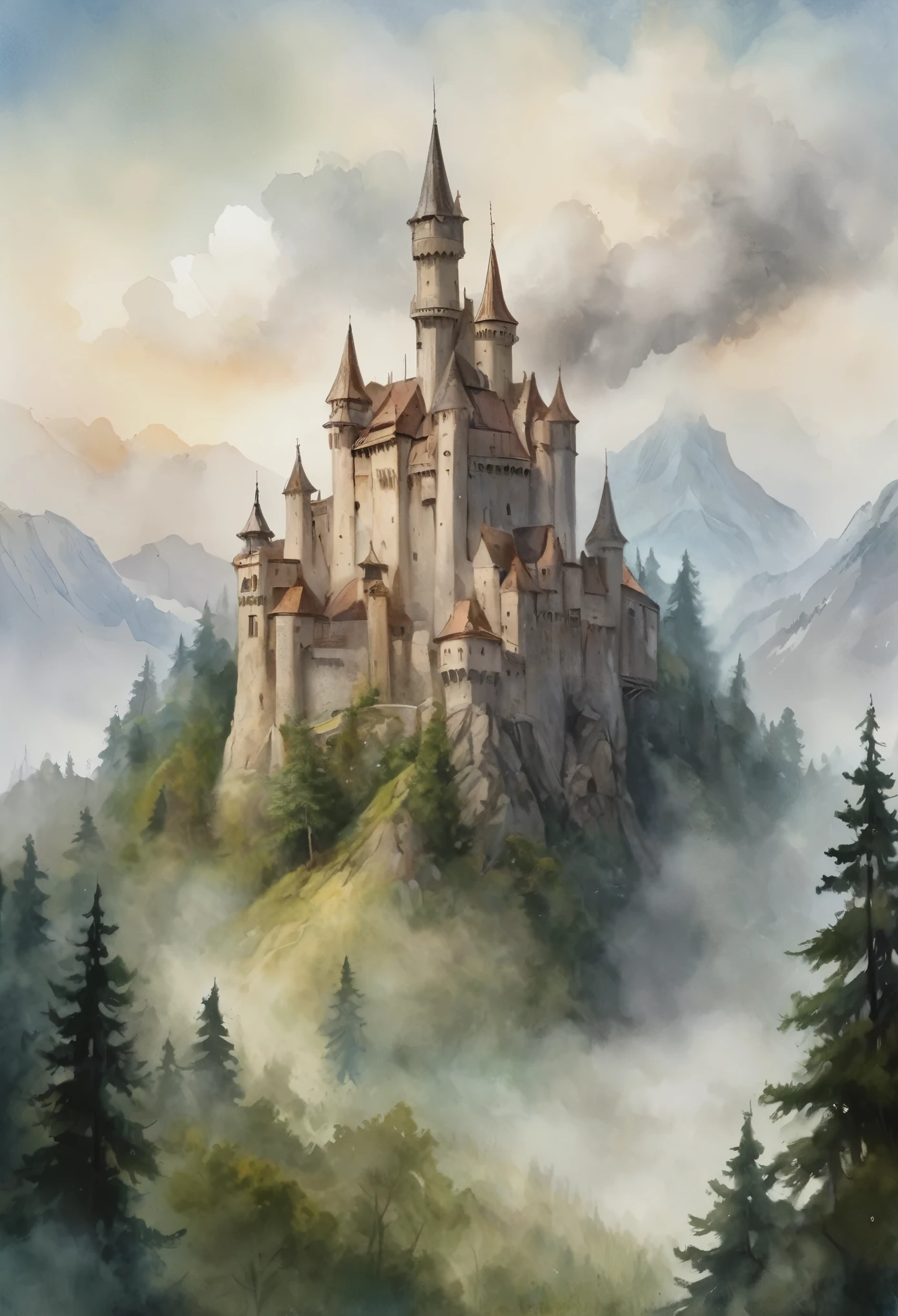 2D game scene, oil and watercolor painting, scenario, medieval castle, big tower in the middle, vapour, FOG, moutain, forest of trees in the background, (work of art:1.2), best qualityer