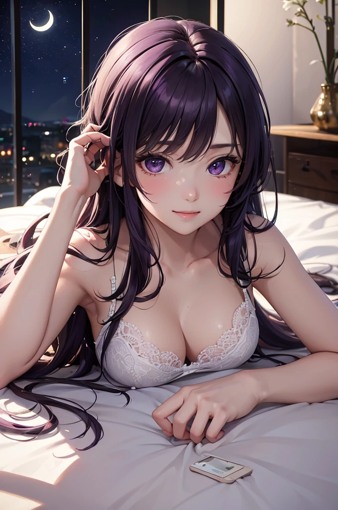 (Best Quality,High resolution,8K,finelity detailed background,Masterpiece:1.2),beautiful girl,Shiny purple hair,messy hair,Purple Eyes,Gentle look,A refreshing look,Best quality,Best Quality,Aesthetic and aesthetic:1.2,Best details((Super detailed))(High-definition CG illustrations),Black underwear (gray,intricate lace),Slender body,night,night景,moon,Bedroom,On the bed,smile,blush,cute,Scrounge,Looking up,Being spoiled,super model,lie down