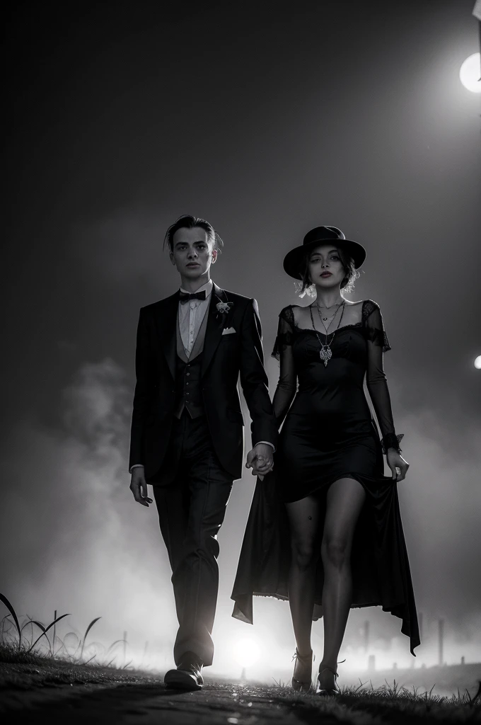 Vampire couple in 1920s California arriving in the Mist spooky moment 