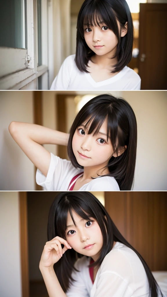 (RAW Photos、Highest quality)、(Realistic、Photorealistic:1.3)、(Identical twin sisters:1.6)、masterpiece、Very delicate and beautiful、Very detailed、Hmph、Unity、8k、wonderful、Detailed explanation、Very detailedな、High resolution、Absurd、Soft Light、(Black-haired、short hair、Curly Hair、Messy Hair、bangs)、Detailed beautiful girl、Finger details、Very detailed目と顔、Beautiful and detailed nose、Beautiful and beautiful eyes、(The light shines on your face)、Looking at the audience、(Closed)、cute、young、Mature appearance、White skin、(Half Body:1.3、Sitting )、A vivid face、Realistic body、Beautiful thighs、Black Shirt、(Half-laugh:1.3)