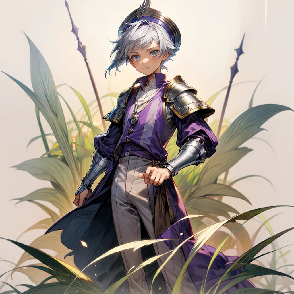 1boy, Full body version, 1character, blue eyes color, sad eyes, eyeliner, tan skin, classic fade haircut, almond eyes type, brown colour hair, medieval clothing style, breton hat, eyes mask, vest armor, purple color clothing, silver necklaces, bandage on hand, Grassroots background in field town, motion blur