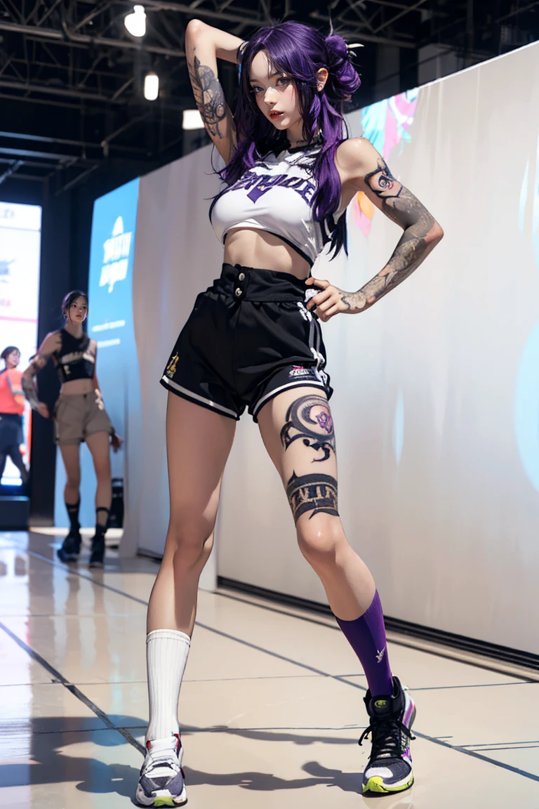 Perfect Style, Beautiful Face, Highly detailed face and skin texture, (Maximum resolution: 1.2), 1 female, alone, Hip Up, jewelry, (((He has many tattoos all over his body)), Streetwear, Play sports often, Purple Hair, Shorts, Sports boots, (((Tight waist))), ((Big Breasts))