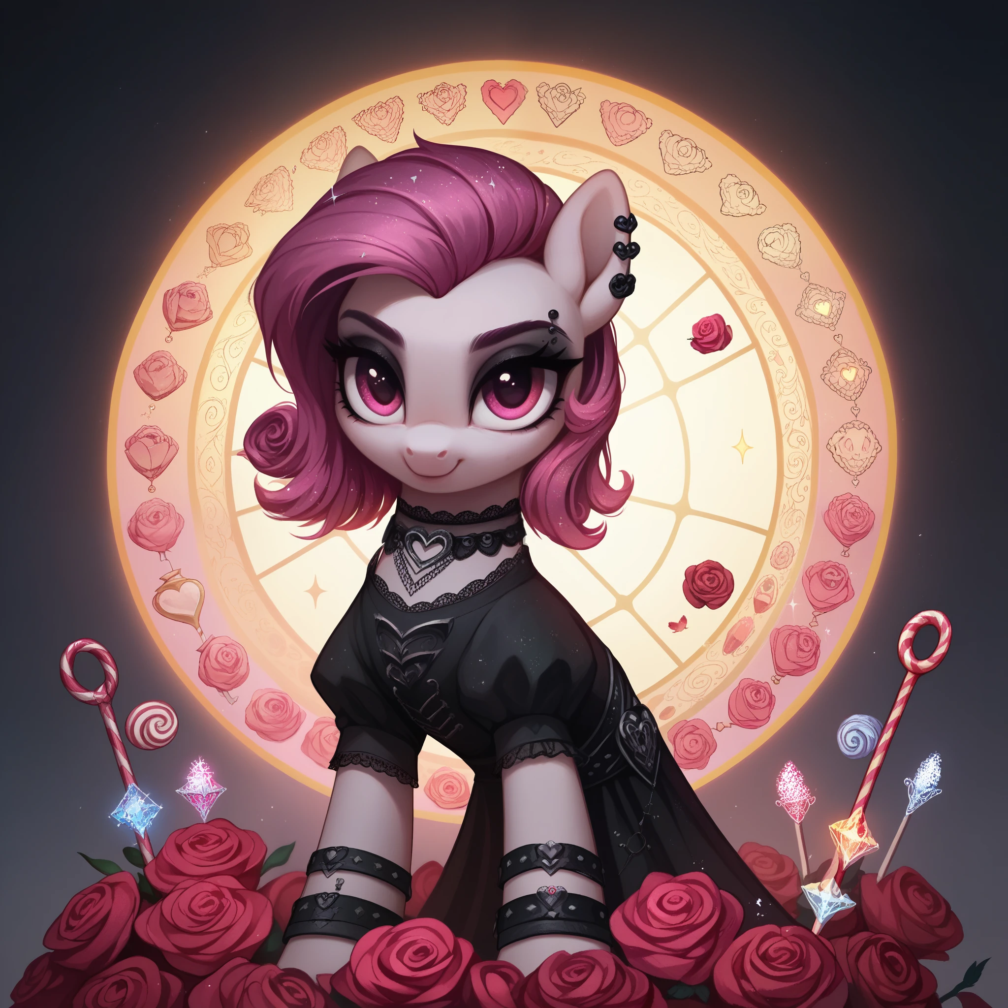 score_9,score_8_up,score_7_up,score_6_up, cute Rose pony, Goth fashion, glowing backlight, candy, pink scene, glitter, whimsical, enchanted, magical, fantasy art concept, intricate details,