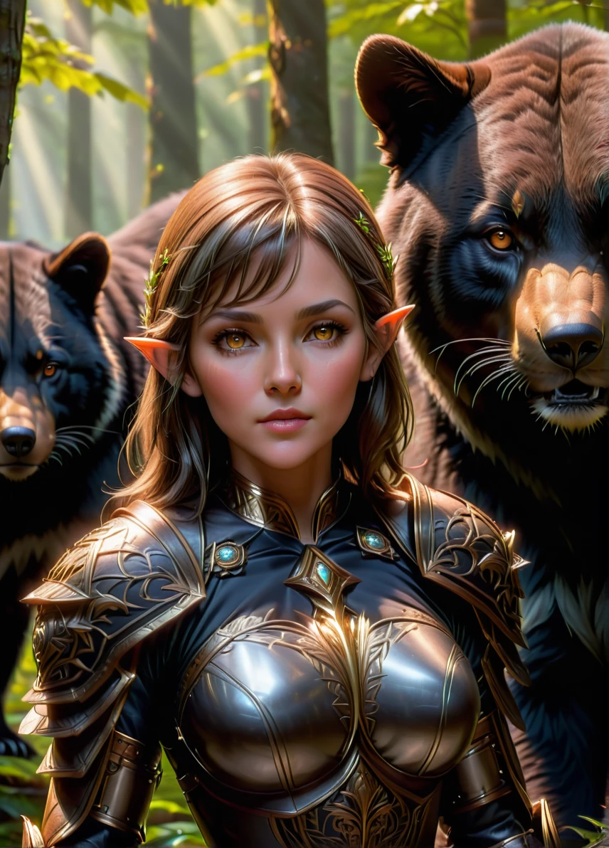 elf tamer, (mature female: 1.6), (brown gray hair: 1.1), (serious calm look: 1.5), fit, nature symbols and patterns, (brown and black leather armor: 1.5), forest with black bear and animals on background, ((looking at viewer:1.2), (from side:0.8)), athletic, volumetric lighting dynamic lighting, real shadows, vibrant contrasting colors, style of Stephen Hickman and Stan Manoukian, ultra realistic, masterpiece, high quality, highres, sharp focus, intricate, sharp details, highly detailed, rich color, 8K,