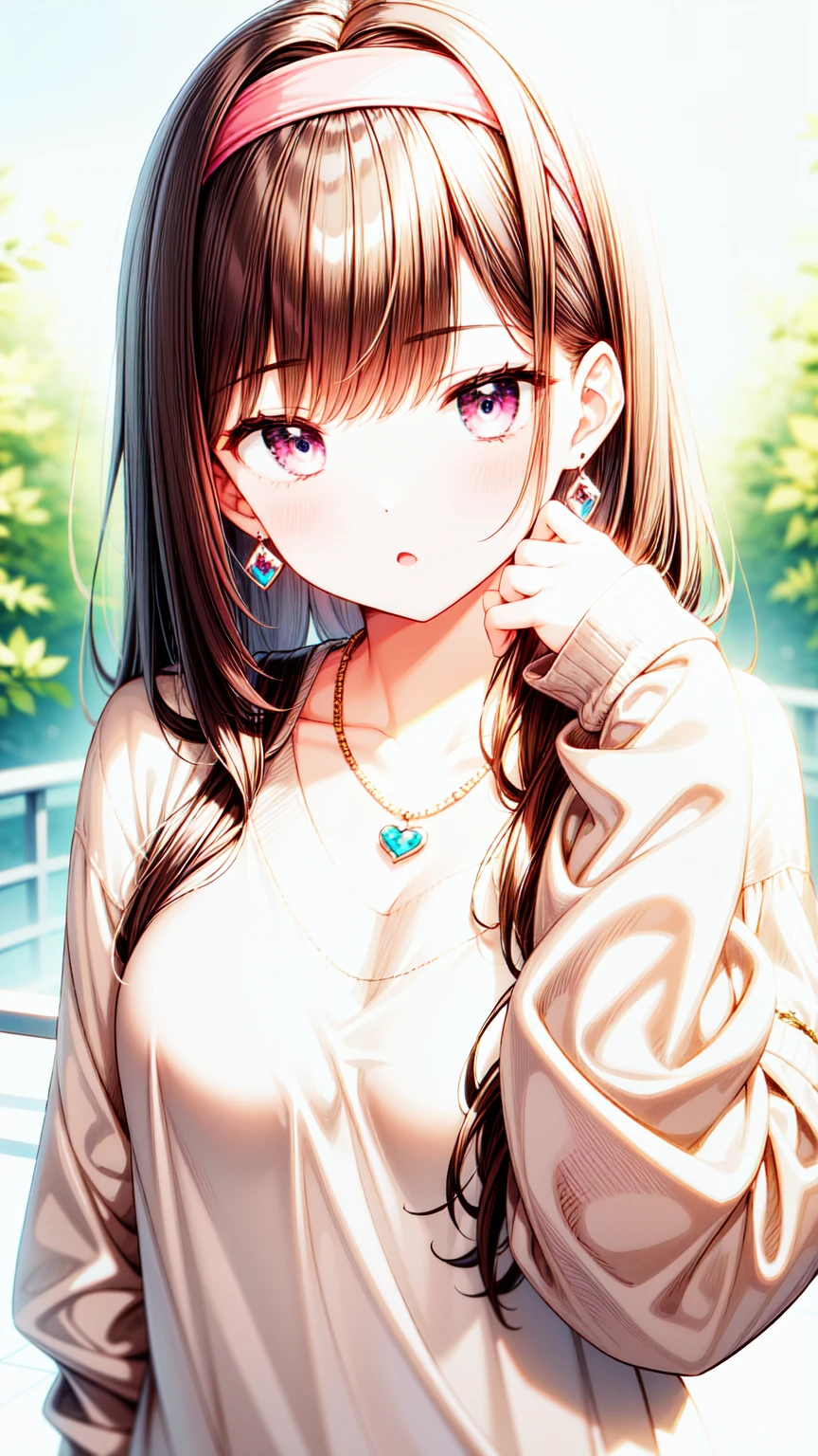 1girl, jewelry, solo, earrings, looking_at_viewer, long_hair, heart_earrings, hairband, purple_eyes, brown_hair, pink_hairband, bangs, :o, upper_body, necklace, collarbone, blush, parted_lips, sweater, long_sleeves, heart, sleeves_past_wrists, open_mouth, shirt, pink_shirt, hand_up, pink_sweater, blurry