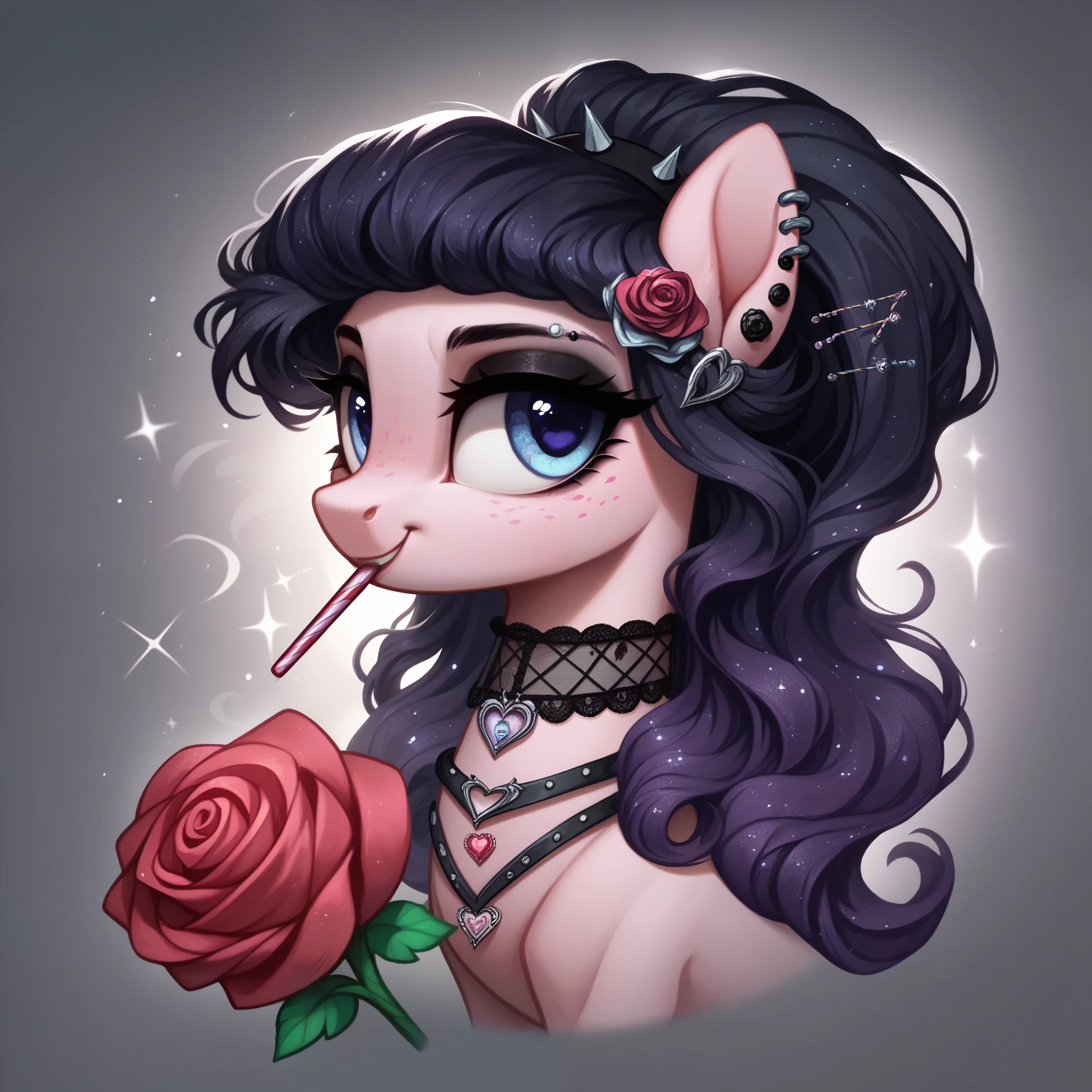 score_9,score_8_up,score_7_up,score_6_up, cute Rose pony, Goth fashion, glowing backlight, candy, pink scene, glitter, whimsical, enchanted, magical, fantasy art concept, intricate details,