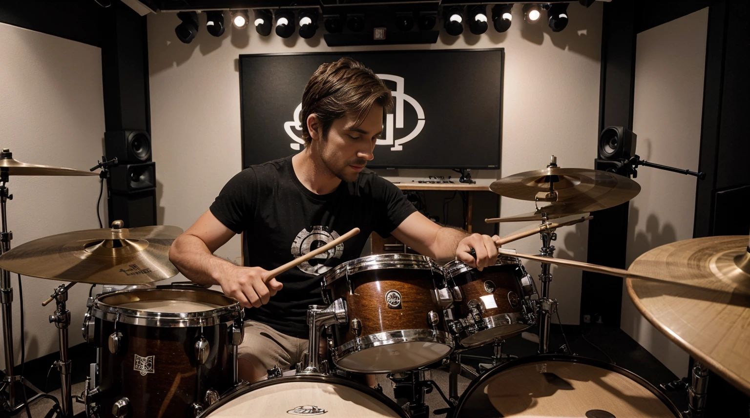A 33 year old boy playing drums in a studio