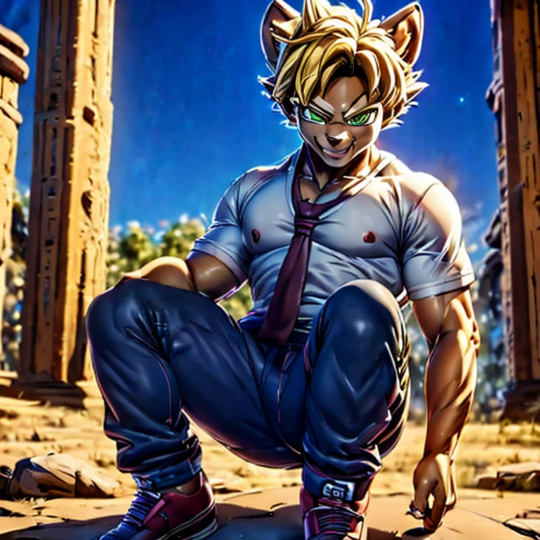 anime model of a blonde boy, With bright green eyes, dressed in a white shirt and blue jeans, Brown shoes, a beautiful and bright smile, a face as cute as that of a god and beautiful