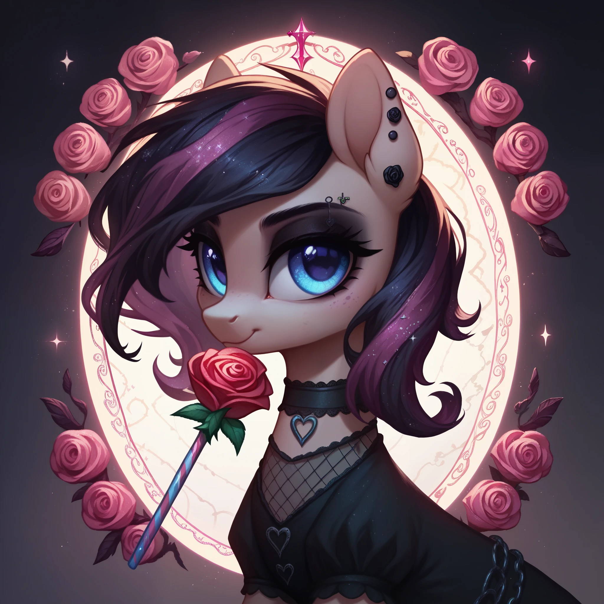 score_9,score_8_up,score_7_up,score_6_up, cute Rose pony, Goth fashion, glowing backlight, candy, pink scene, glitter, whimsical, enchanted, magical, fantasy art concept, intricate details,