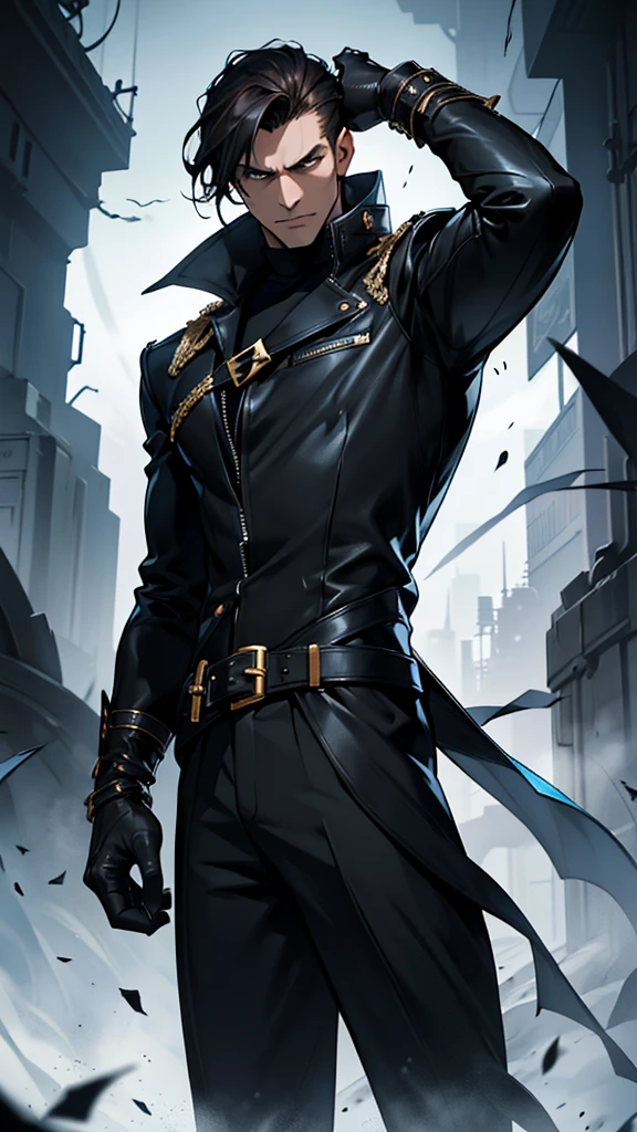 Create a character inspired by the image. This character is a dark, enigmatic figure, embodying a blend of elegance and danger. Dressed in a sleek, black, leather outfit adorned with intricate golden buckles and accessories, he exudes a commanding presence. His expression is cold and detached, with sharp, striking features and dark hair falling messily over his face. He holds a slender whip in his gloved hand, hinting at a dominant and possibly sinister nature. The background should be shadowy and minimalistic, emphasizing the character's aura of mystery and control.
