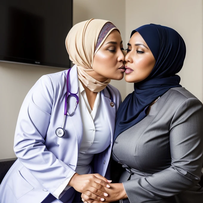 2woman,45 years Old, Hijab Indonesian mature woman, Big : 12.9, doctor suit,curvy body, full body, sharing lustful kiss, hug and groping bteas, professional shot, at doctor office.