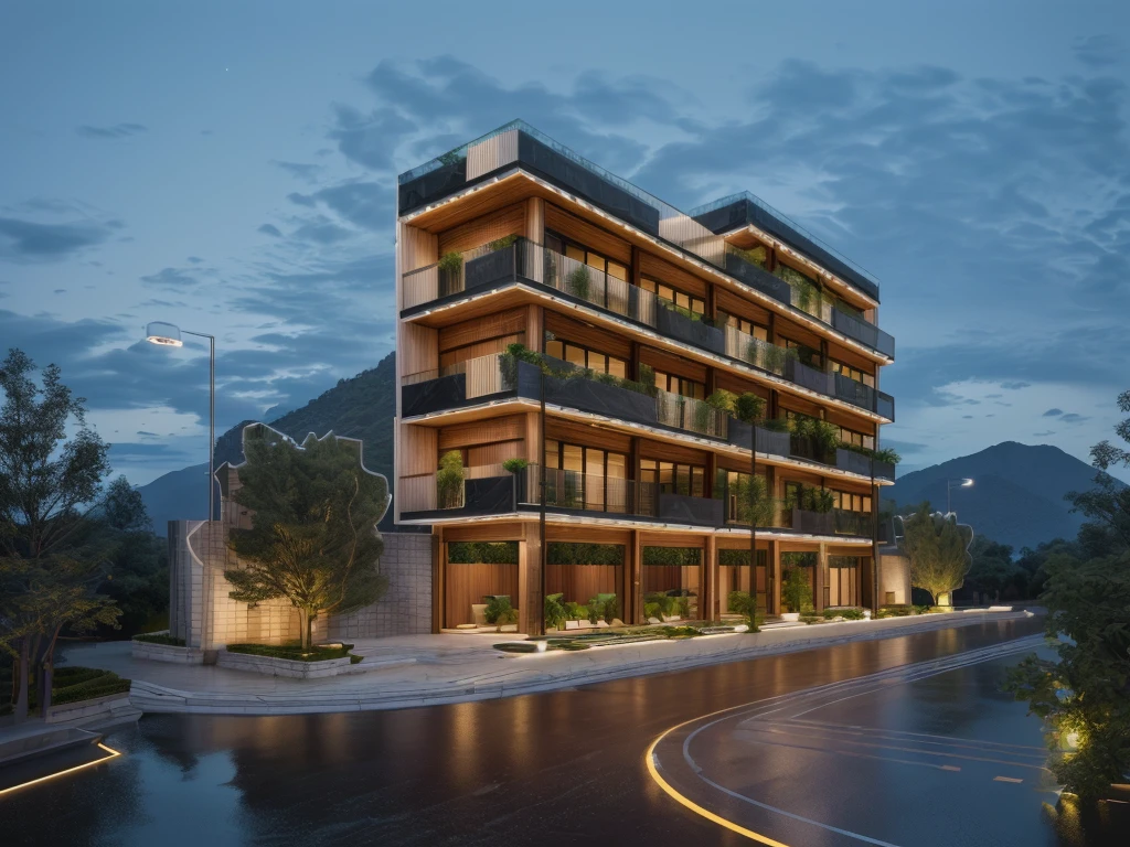 3D render of a beautiful house, Dark, gray tones, white wall. lumion render, night time render, insanely detailed rendering, realistic architecture, architectural visualization. The house is adorned with elegant lighting and plants to enhance its exterior appearance in a Vietnam city street. The staircase leading into the house is tiled with black marble and has bright LED lights. Behind are hills and mountains with clear blue sky. balcony with green plants. The main door is made of black aluminum and glass reaching up to the ceiling. Looking through the glass windows to look inside the house with luxurious interiors with luxurious and warm lights, interior lighting rendering and lighting effects. marble and wood and glass, dark and modern, luxcore render, taken with professional photography techniques, using a wide angle lens with bright natural light and high resolution details, in the style of professional photograph, hyper realistic, highly detailed.