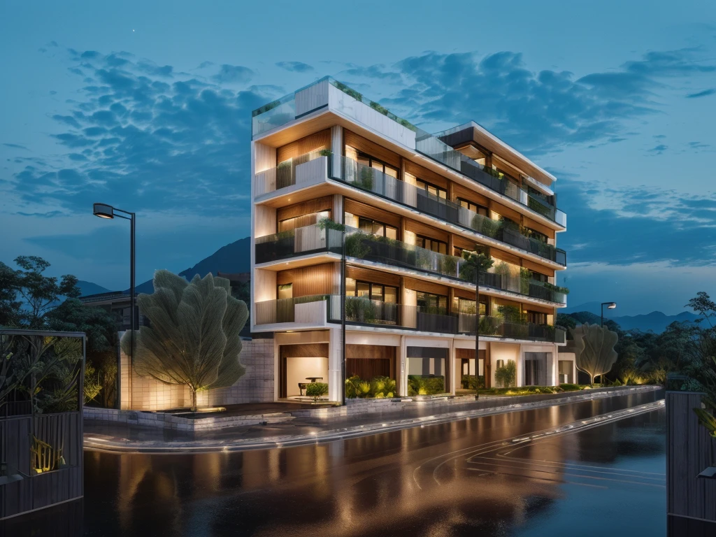 3D render of a beautiful house, Dark, gray tones, white wall. lumion render, night time render, insanely detailed rendering, realistic architecture, architectural visualization. The house is adorned with elegant lighting and plants to enhance its exterior appearance in a Vietnam city street. The staircase leading into the house is tiled with black marble and has bright LED lights. Behind are hills and mountains with clear blue sky. balcony with green plants. The main door is made of black aluminum and glass reaching up to the ceiling. Looking through the glass windows to look inside the house with luxurious interiors with luxurious and warm lights, interior lighting rendering and lighting effects. marble and wood and glass, dark and modern, luxcore render, taken with professional photography techniques, using a wide angle lens with bright natural light and high resolution details, in the style of professional photograph, hyper realistic, highly detailed.