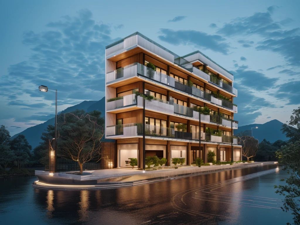 3D render of a beautiful house, Dark, gray tones, white wall. lumion render, night time render, insanely detailed rendering, realistic architecture, architectural visualization. The house is adorned with elegant lighting and plants to enhance its exterior appearance in a Vietnam city street. The staircase leading into the house is tiled with black marble and has bright LED lights. Behind are hills and mountains with clear blue sky. balcony with green plants. The main door is made of black aluminum and glass reaching up to the ceiling. Looking through the glass windows to look inside the house with luxurious interiors with luxurious and warm lights, interior lighting rendering and lighting effects. marble and wood and glass, dark and modern, luxcore render, taken with professional photography techniques, using a wide angle lens with bright natural light and high resolution details, in the style of professional photograph, hyper realistic, highly detailed.