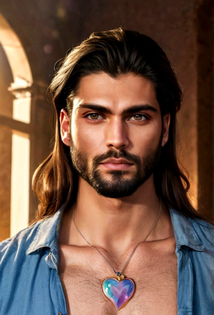 best quality,4k,8k,Altas,master part:1.2),ultra-detalhado,(Realistic,fotorrealista,photo-realistic:1.37),jesus cristo,estilo de arte tradicional,vivid and dynamic brushstrokes,Ancient playful setting ,Charismatic expression,postura humilde,historic portrait,Noble Features,estilo de pintura de tinta e lavagem,finely detailed facial features,dynamic compositing,Paradisiacal scenery,olhar confiante,,ambiente com Luz do sol dourada iluminando a cena,aura de angelical,atmosphric perspective,Explosive lighting, Jesus the man, racially ambiguous, loving, gay, eyeliner, rose quartz necklace, rainbow heart face tattoo, a man, male