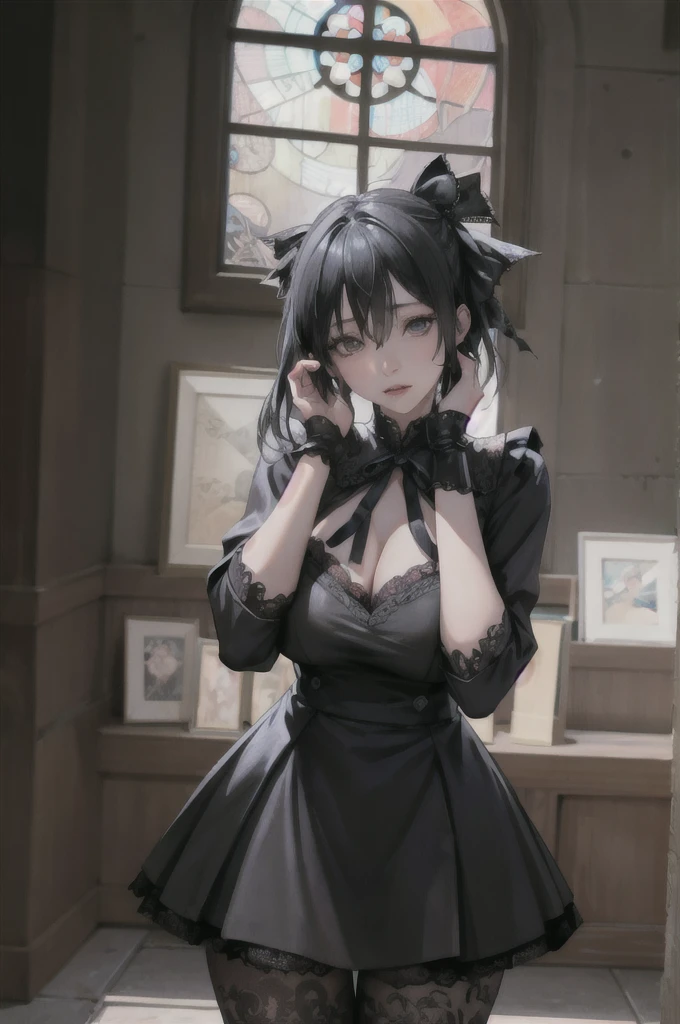 (pixiv masterpiece) absurdres, highres, ultra detailed
,bimbo,glossy, standing, cowboy shot, hand on own face, Chapel, hair over one eye, huge breasts,
GothGal, a woman in a black and white dress,ribbon,lace,goth print, woman wearing a GothGal outfit skinny