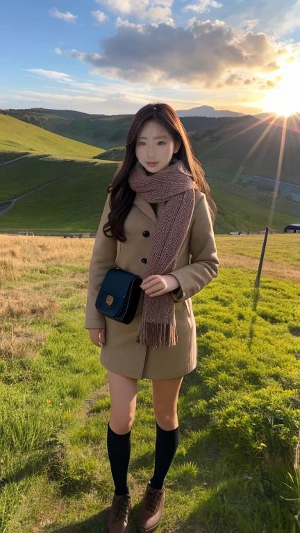 8K, Highest quality, masterpiece, Realistic, Super detailed, photo Realistic, Improvement of quality, Photo of a girl standing in a field wearing a scarf, The designer's dark and gloomy style, Large chunk, Photobash, Calm face, Jagged Edges, navy, Natural Beauty, Close-up shot