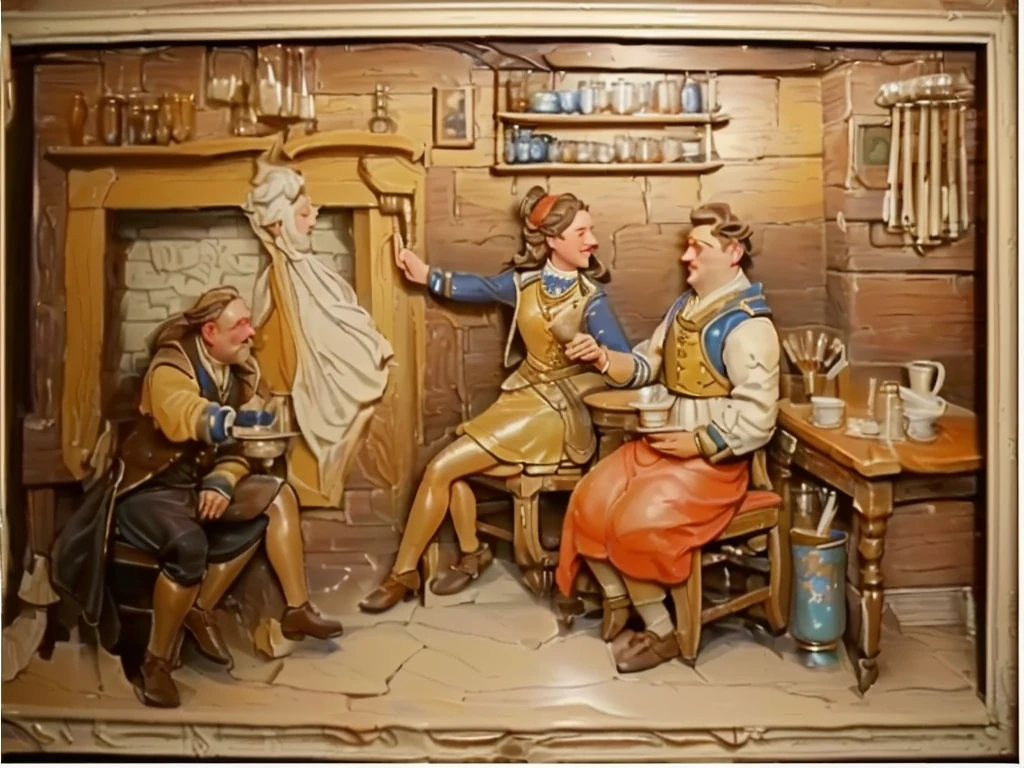 a close up of a painting of a man and woman in a kitchen, inside a tavern, in a pub, tavern, in the pub, by William Jacob Baer, high - relief sculpture scene, victorian alchemists, quirky 1 9 th century, 1 9 th century scene, in fantasy tavern near fireplace, 3 d oil painting, by John Atherton