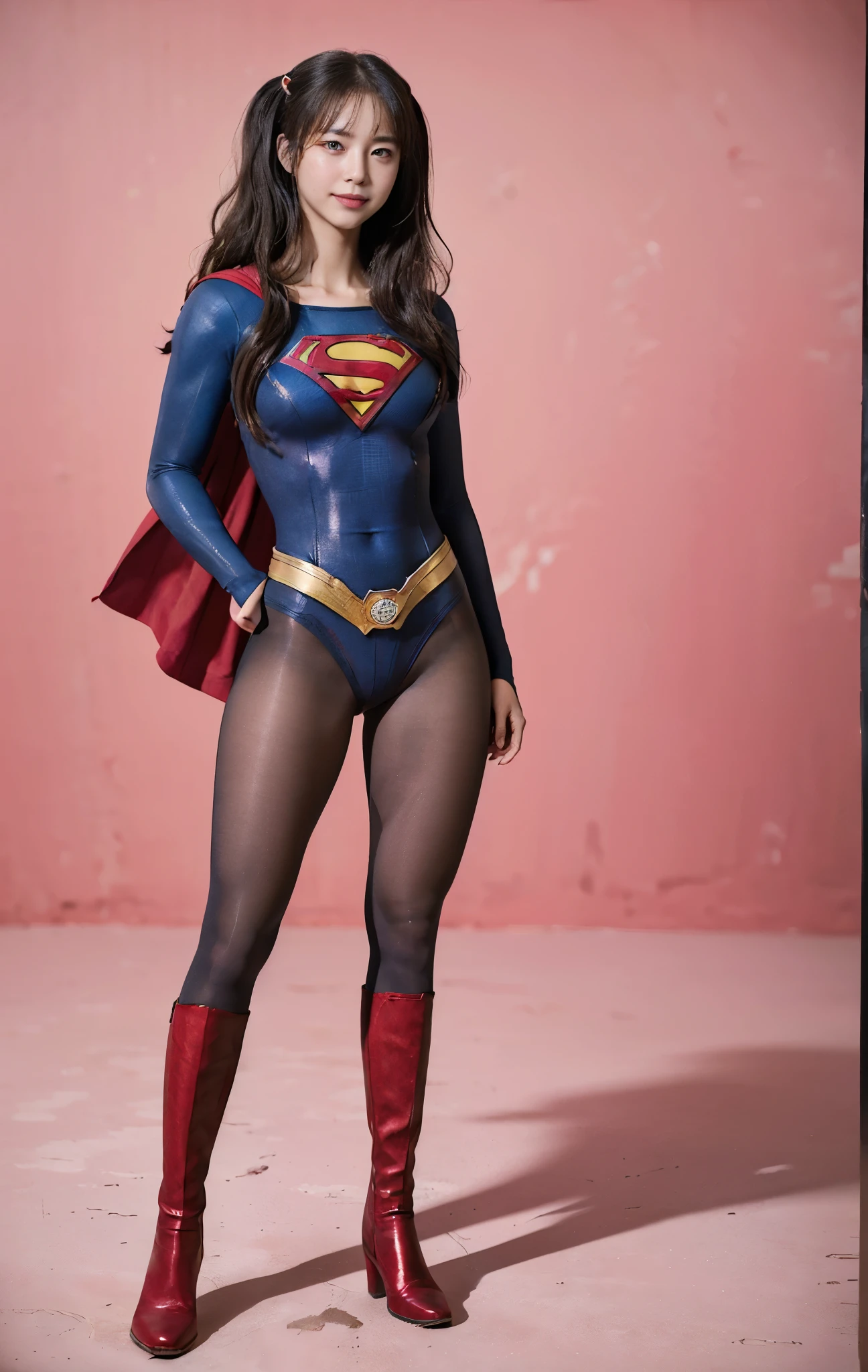 No background、(((Beautiful legs in black tights.)))、(((Legally express the beauty of your smile)))、((((Make the most of your original images)))、(((Supergirl Costume)))、(((Beautiful hair with twin tails)))、(((suffering)))、(((Please wear black tights....、Wear red boots)))、((Best image quality、8K))、((Highest quality、8K、masterpiece:1.3))、(((Preserve background )))、Sharp focus:1.2、Beautiful woman with perfect figure:1.4、Slim Abs:1.2、Wet body:1.5、Highly detailed face and skin texture、8K