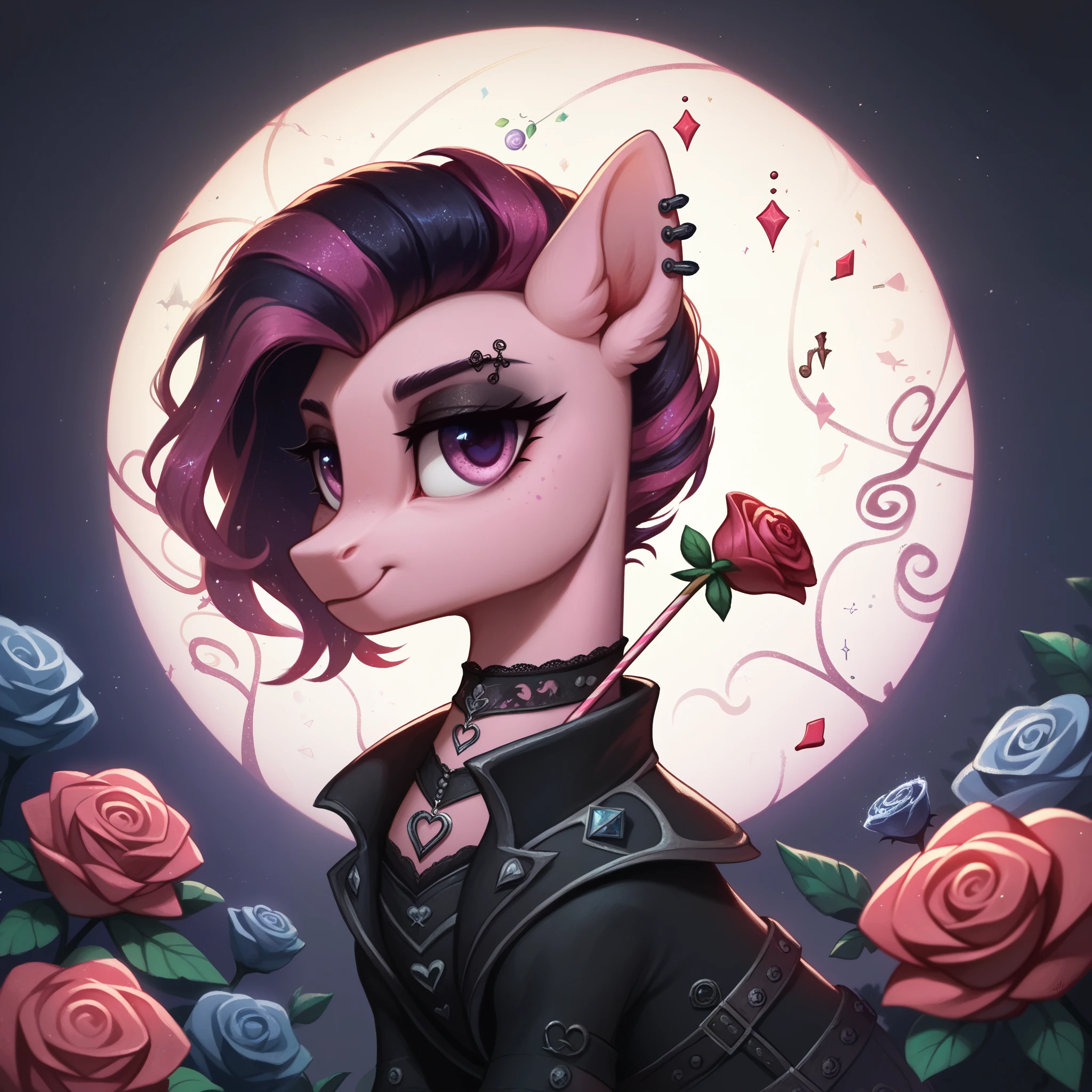 score_9,score_8_up,score_7_up,score_6_up, cute Rose pony, Goth fashion, glowing backlight, candy, pink scene, glitter, whimsical, enchanted, magical, fantasy art concept, intricate details,