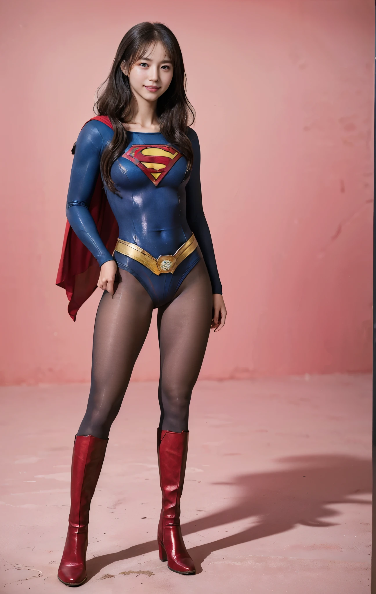 No background、(((Beautiful legs in black tights.)))、(((Legally express the beauty of your smile)))、((((Make the most of your original images)))、(((Supergirl Costume)))、(((Beautiful hair with twin tails)))、(((suffering)))、(((Please wear black tights....、Wear red boots)))、((Best image quality、8K))、((Highest quality、8K、masterpiece:1.3))、(((Preserve background )))、Sharp focus:1.2、Beautiful woman with perfect figure:1.lim Abs:1.2、Wet body:1.5、Highly detailed face and skin texture、8K