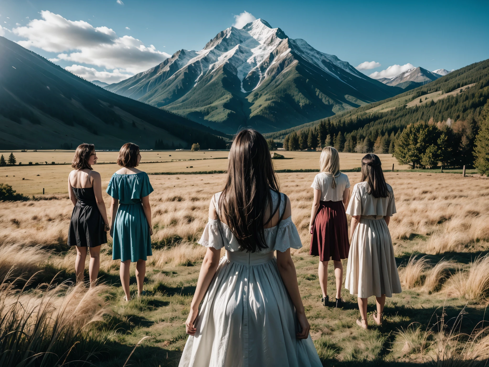 8 WOMEN WITH THEIR BACKS IN A FIELD, LOOKING AT A MOUNTAIN, Tall Grass
