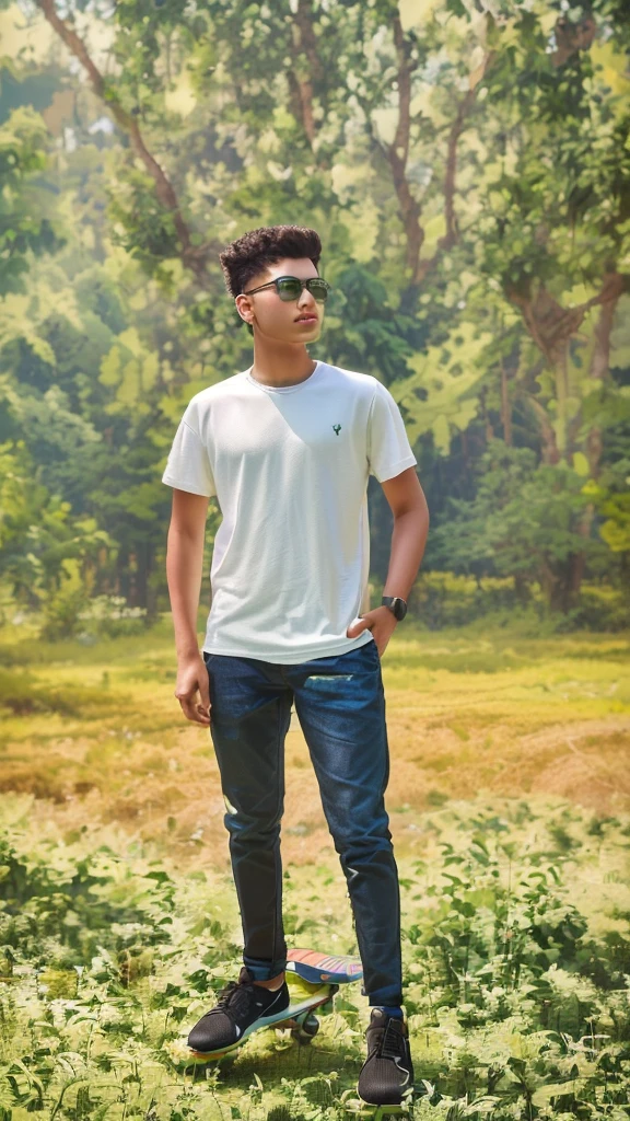 arafed man standing in a field with a skateboard in his hand, in front of a forest background, full body photogenic shot, full body picture, with a cool pose, casual photography, wearing pants and a t-shirt, distant full body shot, full body portrait shot, assamese aesthetic, mohamed chahin style, casual pose, full body photograph