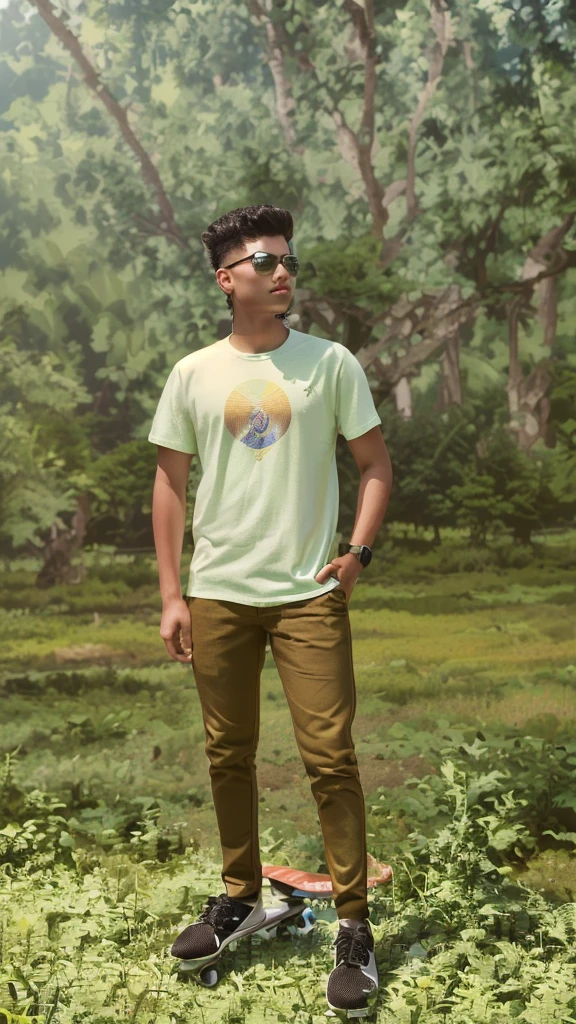 arafed man standing in a field with a skateboard in his hand, in front of a forest background, full body photogenic shot, full body picture, with a cool pose, casual photography, wearing pants and a t-shirt, distant full body shot, full body portrait shot, assamese aesthetic, mohamed chahin style, casual pose, full body photograph