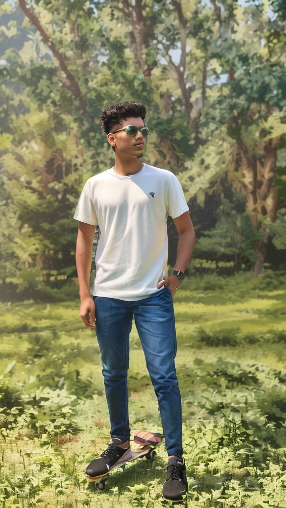 arafed man standing in a field with a skateboard in his hand, in front of a forest background, full body photogenic shot, full body picture, with a cool pose, casual photography, wearing pants and a t-shirt, distant full body shot, full body portrait shot, assamese aesthetic, mohamed chahin style, casual pose, full body photograph