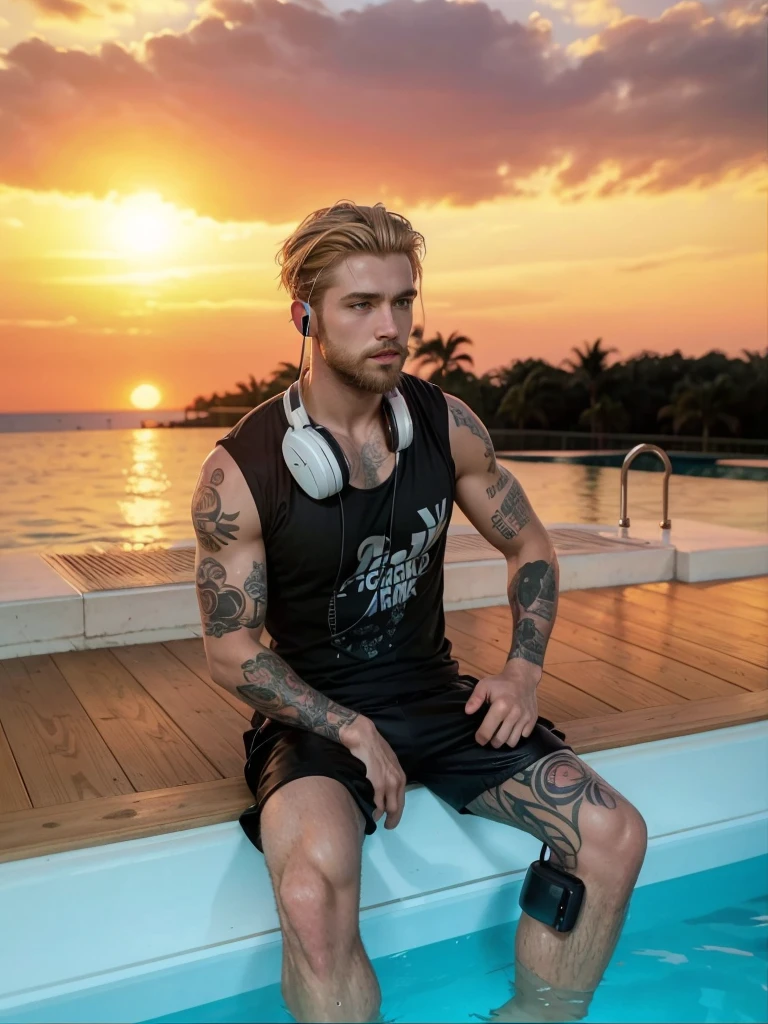 A strong man with short blond hair, with a well-groomed beard, sitting in a pool, with headphones around the neck, with black t-shirt, with black shorts and tattoos on the body