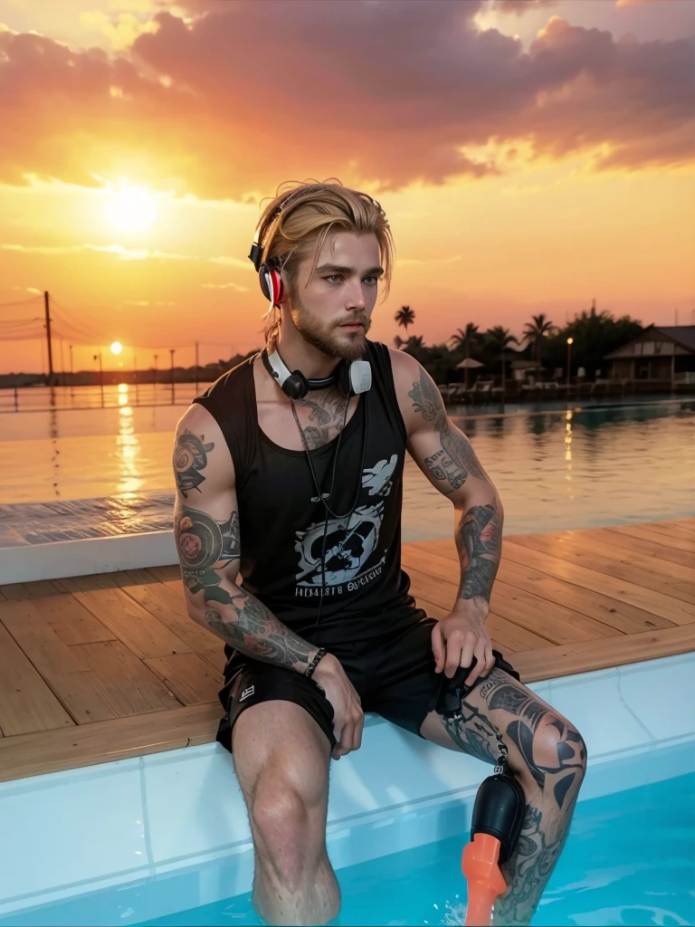 A strong man with short blond hair, with a well-groomed beard, sitting in a pool, with headphones around the neck, with black t-shirt, with black shorts and tattoos on the body