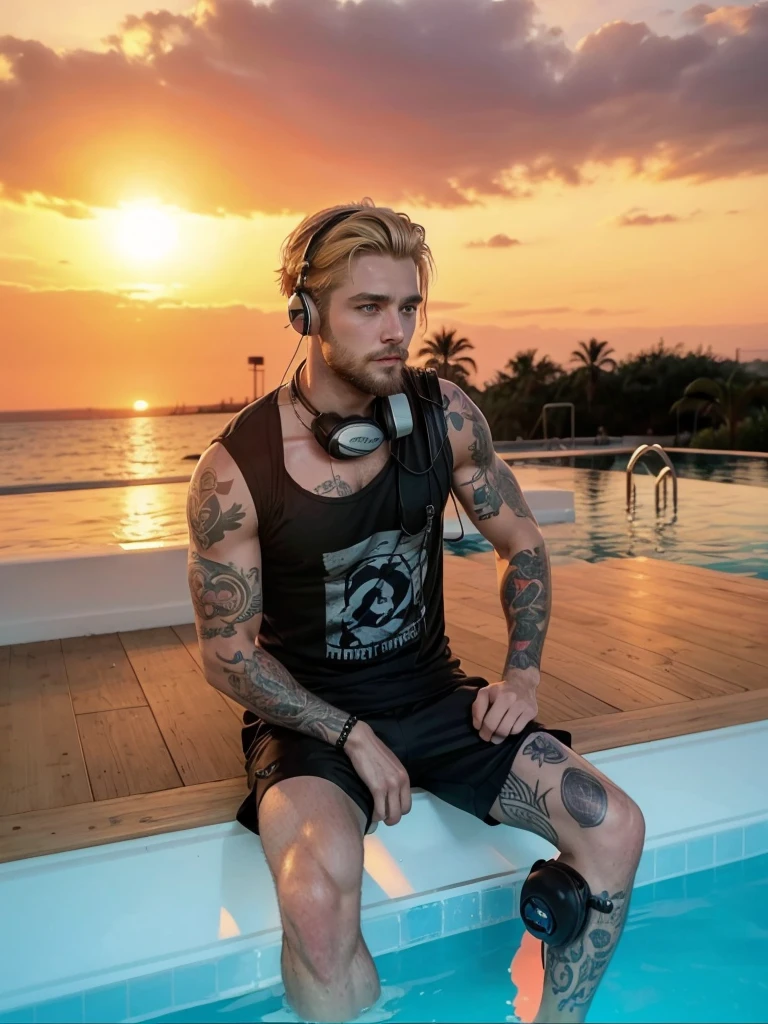 young man, (19 years old), (((Mitchell Slaggert))), ((muscular body)), (male model), (huge chest), big breasts, huge nipples, ((in tiny thongs)), chiseled face, big jawline, in sunglasses, holding a drink, beautiful, ((blond)), ((buzzed crewcut)), ((with shaved sides and back)), ((on a beautiful tropical beach)), attractive, pretty, masterpiece, 8k, with many details, professional, trending, masterful, realistic, hyperrealistic, sharp beams of light from the sun beyond