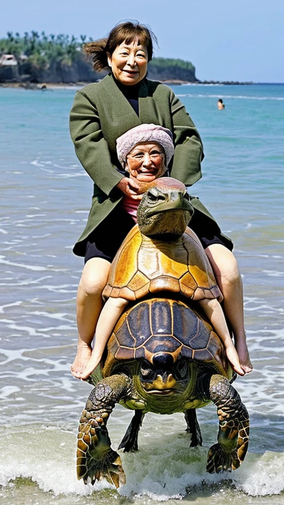 Old woman riding a turtle, large turtle, Japanese woman, 60 years old, beach