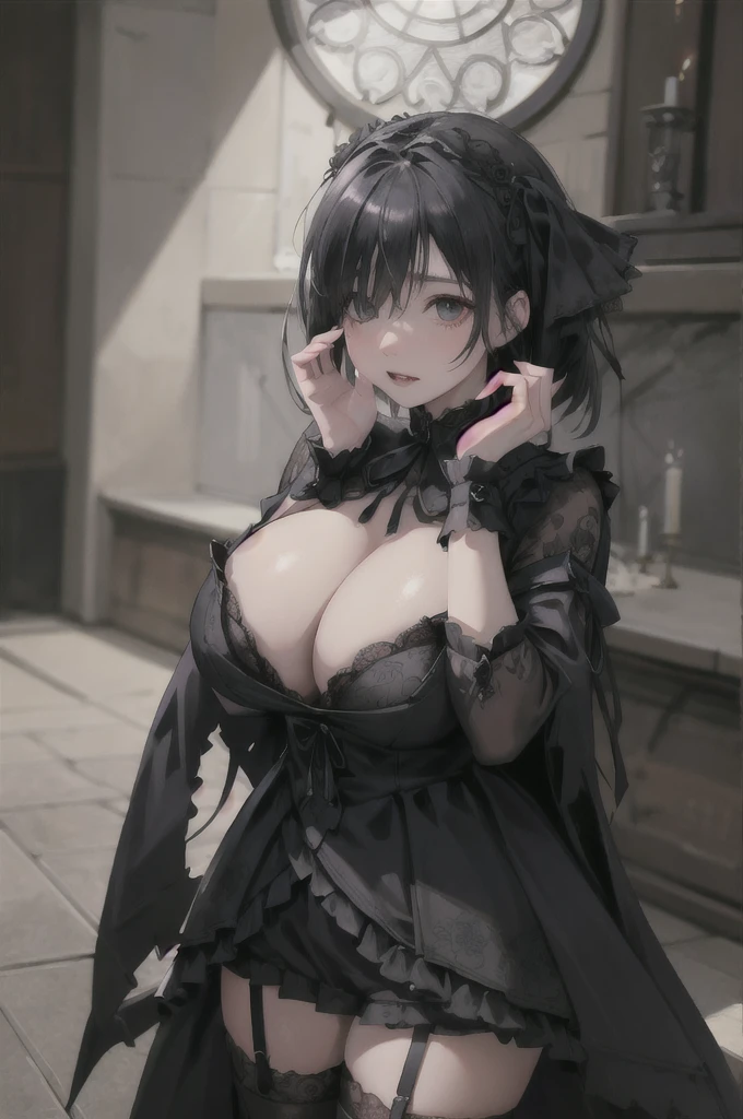 (pixiv masterpiece) absurdres, highres, ultra detailed
,bimbo,glossy, standing, cowboy shot, hand on own face, Chapel, hair over one eye, huge breasts, 
GothGal, a woman in a black and white dress,ribbon,lace,goth print, woman wearing a GothGal outfit  skinny  