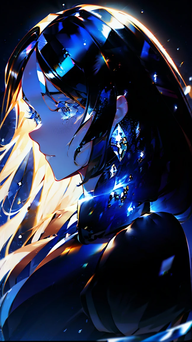 a beautiful long-haired girl with crystal-like hair, large breasts, powerful physique, shiny black hair, goddess-like, surrounded by blue lighting, (best quality,4k,8k,highres,masterpiece:1.2),ultra-detailed,(realistic,photorealistic,photo-realistic:1.37),portrait,fantasy,dramatic lighting,dramatic pose,volumetric lighting,cinematic lighting,chiaroscuro,dramatic atmosphere