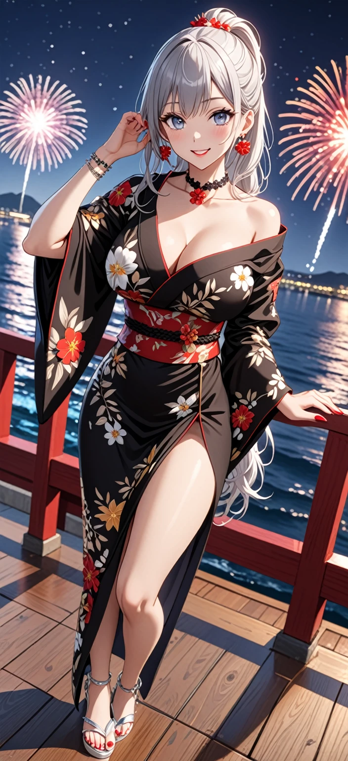 ((One personの女性)), Beautiful Face, (Laugh shyly), (Captivating smile:1.4), ((Wink:1.5)), ((Tilt your head:1.1)), Laugh with your mouth wide open, Upper teeth, View your viewers, ((Doing sexy poses)), ((full-face brash:1.4)), Glossy Red Lips, ((Big Breasts:1.3)), Night Port, Sea view terrace, firework, Glossy Red Lips, (Shining Face), ((Anime style background)),masterpiece, Highest quality, so beautiful,Latest, Complex details, (long nails of red color), (nail art), (ring),(bracelet),(Floral Choker), AI-generated, Complex,High resolution, Highest quality, super high quality,3D Images、3D Images,One person,Long white hair,High Ponytail, Anime woman posing for a photo, ((Silver Eyes:1.7)), ((Fine grain、Light blue eyes、Shining Eyes:1.4)), (Squint your eyes:1.1),a hyperRealistic , hyperRealistic , Realistic,Long white hairのアニメ女性, Smooth anime CG art, (A woman in a colorful kimono with gold embroidery), ((Black kimono:1.5)), Red floral pattern,Long flower hair ornament,Floral Earrings,((black high heel sandals)),Mature Body,Tall,Abdominal muscles,Tight waist, ((full body:1.5)), (Zoom in on face), (dutch angle:1.3),